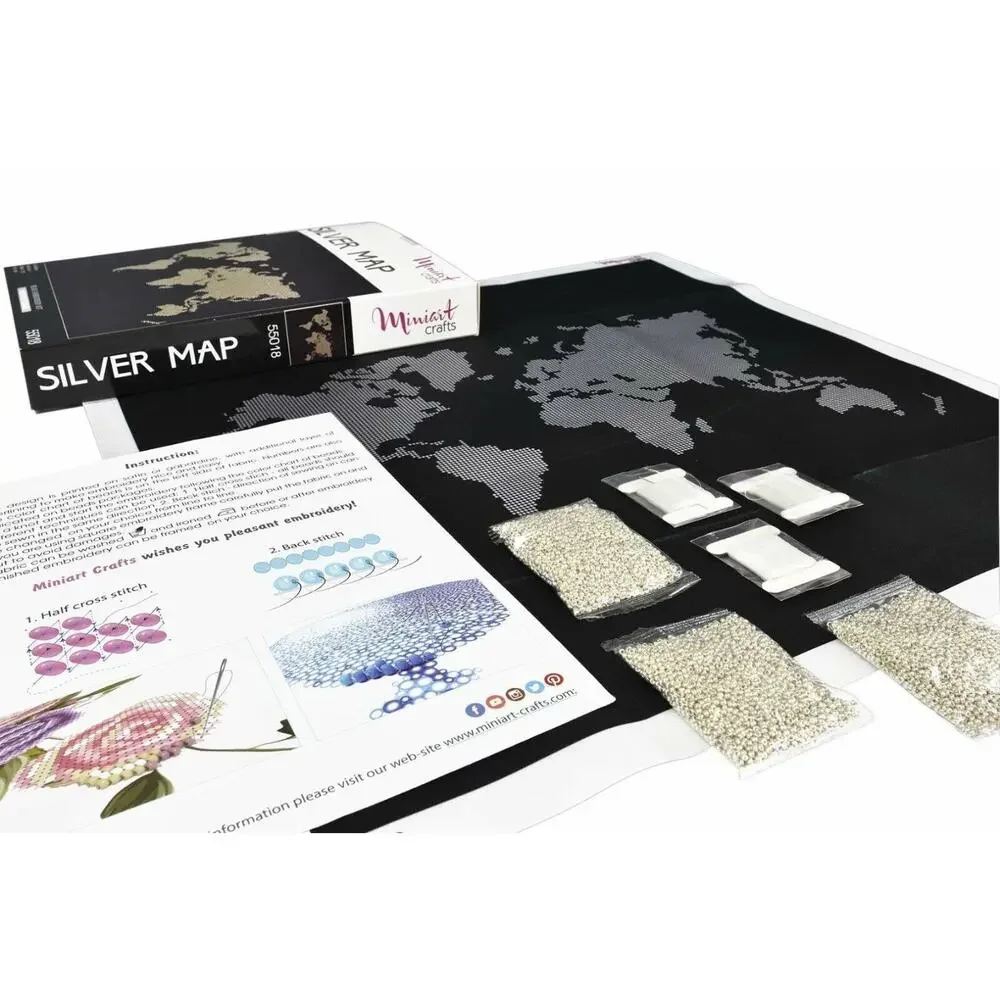 Bead Embroidery Kit MiniArt Crafts 55018-4 Silver Map Handmade DIY Home Decor